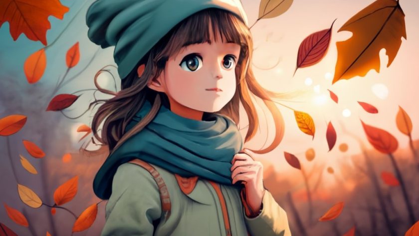 Iluustration of a child in autumn, with a scarf in the windward
