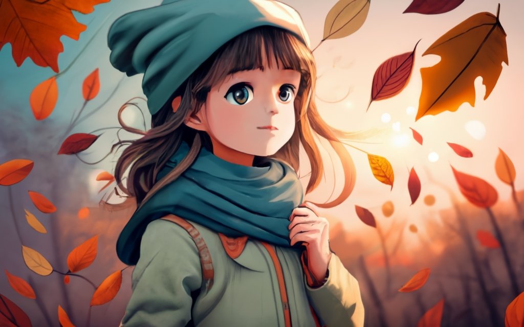 Iluustration of a child in autumn, with a scarf in the windward